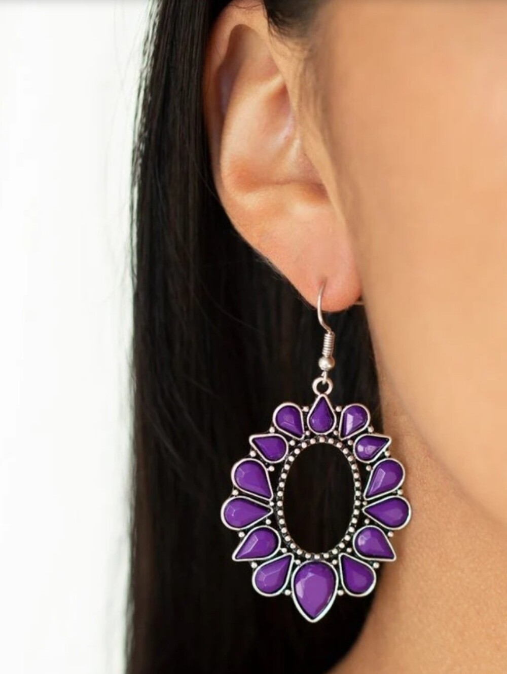 ​Paparazzi Purple Teardrop Bead Silver Oval Frame Dangle Earrings - Picture 2 of 12